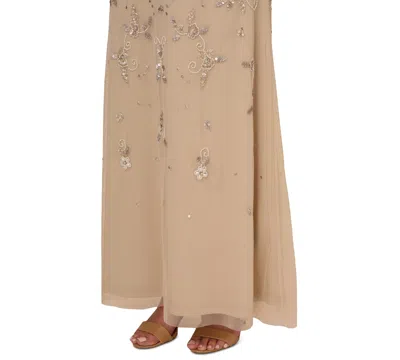 Adrianna Papell Women's V-neck Beaded Short-sleeve Mesh Gown In Biscotti