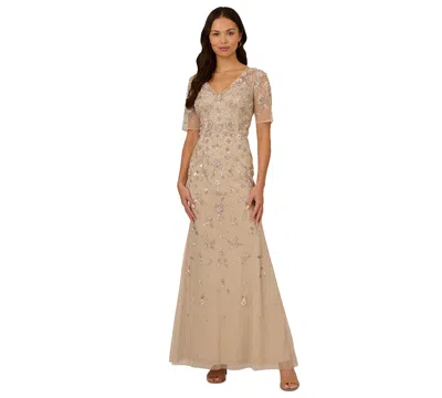 Adrianna Papell Women's V-neck Beaded Short-sleeve Mesh Gown In Biscotti