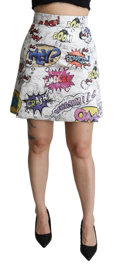 Dolce & Gabbana White Cartoon Brocade A-line High Waist Skirt In White