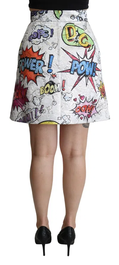 Dolce & Gabbana White Cartoon Brocade A-line High Waist Skirt In White
