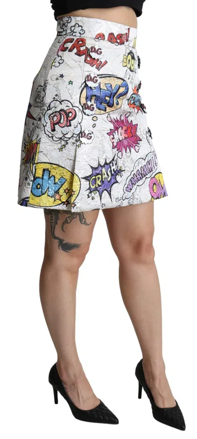 Dolce & Gabbana White Cartoon Brocade A-line High Waist Skirt In White