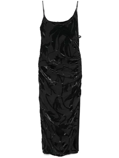 Mugler Velvet Buckle Midi Dress With Side Slit In Nero