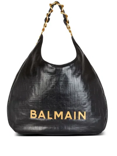 Balmain Large 1945 Soft Hobo Bag In Embossed Crinkled Calfskin With A Pb Labyrinth Monogram In Black