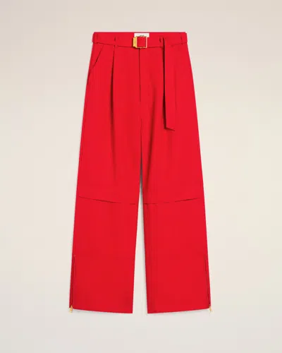 Ami Alexandre Mattiussi Belted Zip-detailed Wool-canvas Wide-leg Pants In Poppy