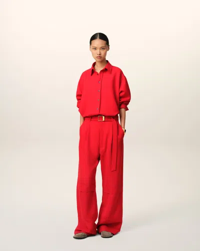 Ami Alexandre Mattiussi Belted Zip-detailed Wool-canvas Wide-leg Pants In Poppy