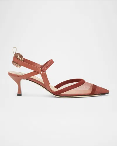 Fendi Mesh Panel Kitten Heel Pointed Toe Pumps In Red