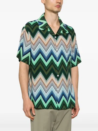 Missoni Camicia Bowling In Viscosa Con Macro Zig Zag E Taschino In Green