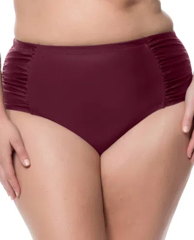 Jessica Simpson Plus Size Shirred High Waisted Bikini Bottom In Merlot In Red