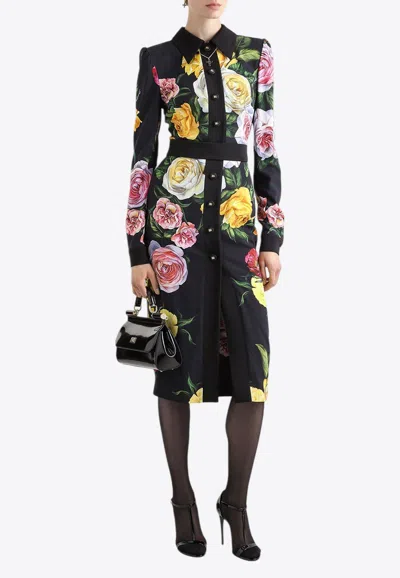 Dolce & Gabbana Long Chemise Dress With Floral Print In Black