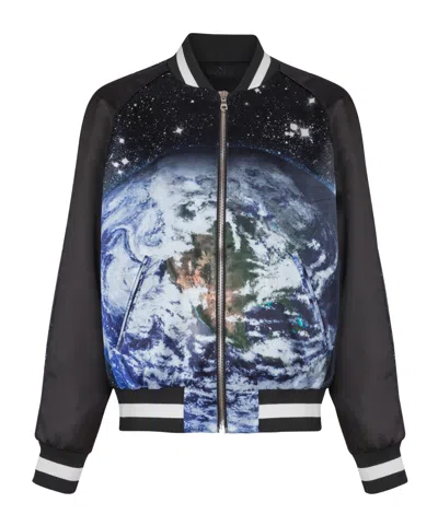 Balmain Earth Stars Print Zipped Varsity Bomber Jacket In Black