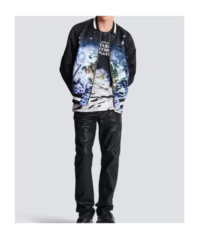 Balmain Earth Stars Print Zipped Varsity Bomber Jacket In Black