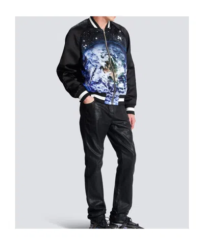 Balmain Earth Stars Print Zipped Varsity Bomber Jacket In Black