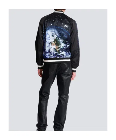 Balmain Earth Stars Print Zipped Varsity Bomber Jacket In Black