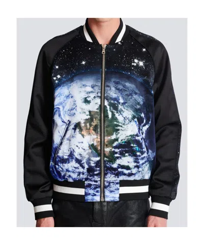 Balmain Earth Stars Print Zipped Varsity Bomber Jacket In Black