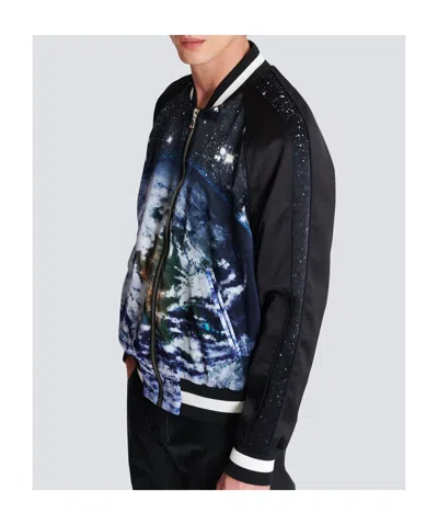 Balmain Earth Stars Print Zipped Varsity Bomber Jacket In Black
