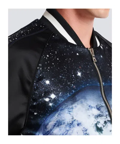 Balmain Earth Stars Print Zipped Varsity Bomber Jacket In Black
