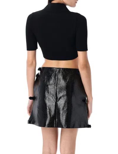 Courrèges Logo Patch Ribbed-knit Cropped Polo Top In Black