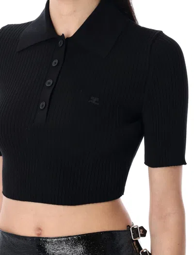 Courrèges Logo Patch Ribbed-knit Cropped Polo Top In Black