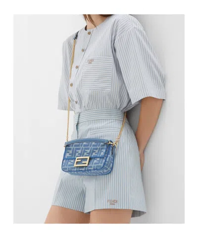 Fendi Women Wallet On Chain Baguette With Shoulder Strap With All-over Ff Motif In Blue
