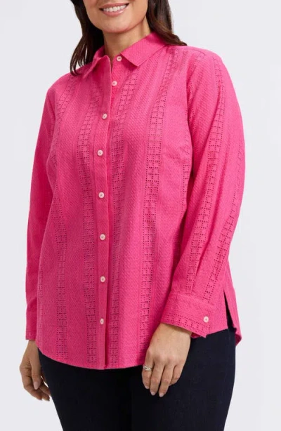 Foxcroft Zoey Mixed Stitch Cotton Button-up Shirt In Pink Flambe