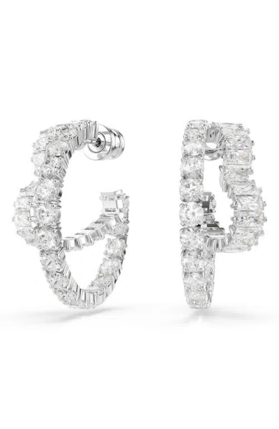 Swarovski Matrix Crystal Round & Heart Double Row Hoop Earrings In White