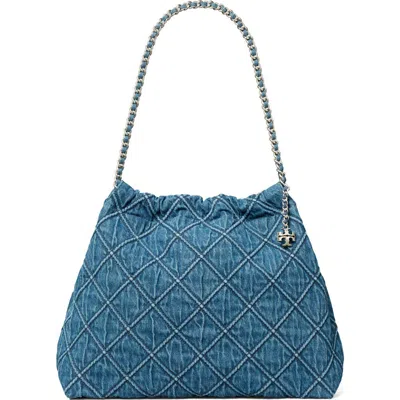 Tory Burch Fleming Soft Quilted Denim Hobo Bag In Denim