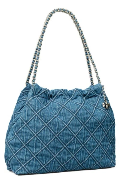 Tory Burch Fleming Soft Quilted Denim Hobo Bag In Denim