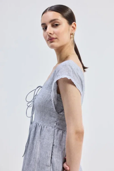 Reistor Gathered Tiered Dress With Front-ties In Pin Striped Linen