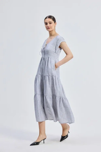 Reistor Gathered Tiered Dress With Front-ties In Pin Striped Linen