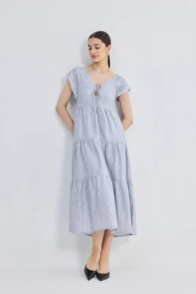Reistor Gathered Tiered Dress With Front-ties In Pin Striped Linen