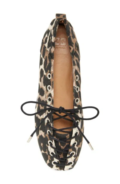 Ganni Denim Print Lace-up Ballerina Flats With Leopard Pattern In Animal Print