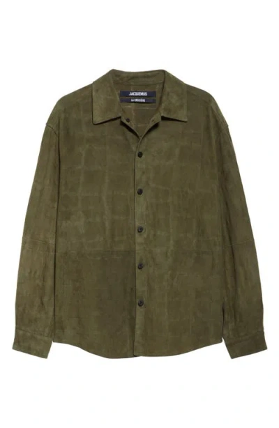 Jacquemus La Chemise Croc Embossed Goatskin Suede Button-up Shirt In Khaki