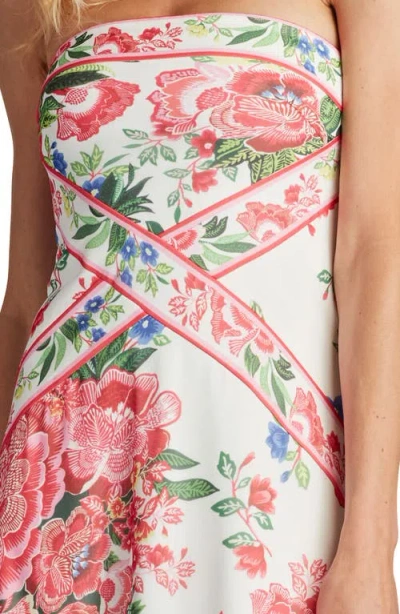 Tadashi Shoji Scarf Print Fringe Detail Strapless Cocktail Midi Dress In Multi