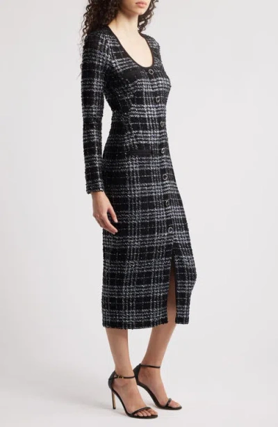 Black Halo Mae Long Sleeve Tweed Midi Dress In Carbon Class