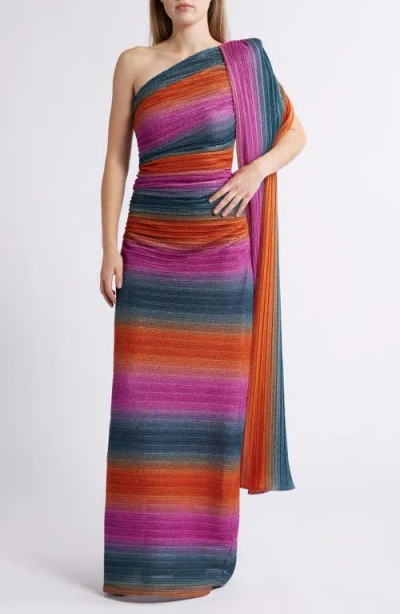 Black Halo Vella Stripe One-shoulder Gown In Pleated Hues