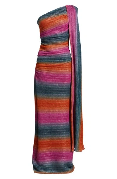 Black Halo Vella Stripe One-shoulder Gown In Pleated Hues