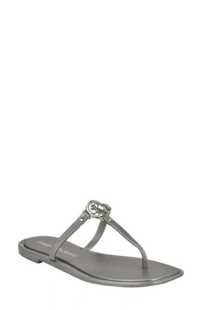 Calvin Klein Women's Edhen Logo T-strap Flat Jelly Sandals In Silver