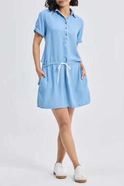 Reistor Drawstring Denim Shirt Dress With Front Buttons In Ocean Blue
