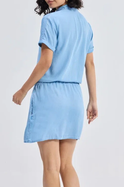 Reistor Drawstring Denim Shirt Dress With Front Buttons In Ocean Blue