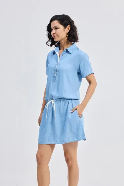 Reistor Drawstring Denim Shirt Dress With Front Buttons In Ocean Blue