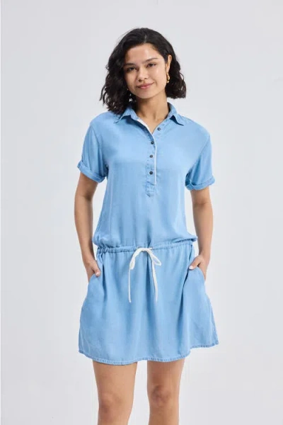 Reistor Drawstring Denim Shirt Dress With Front Buttons In Ocean Blue