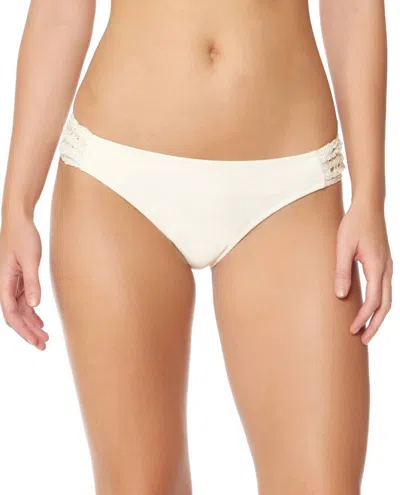 Jessica Simpson Flower Power Crochet Side Shirred Hipster Bikini Bottom In Vanilla In White