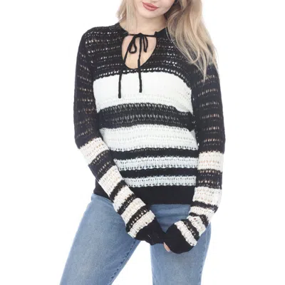 Rain And Rose Stripe Tie Keyhole Open Stitch Sweater In Black Stripe