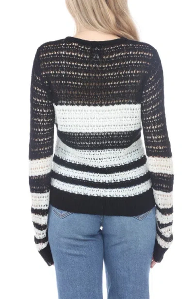 Rain And Rose Stripe Tie Keyhole Open Stitch Sweater In Black Stripe