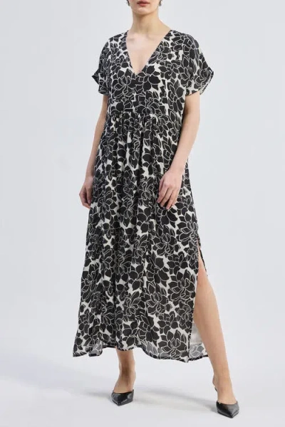 Reistor Deep V-neck Maxi Dress With Front Gathers In Midnight Bloom