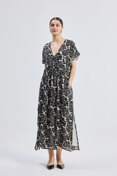 Reistor Deep V-neck Maxi Dress With Front Gathers In Midnight Bloom