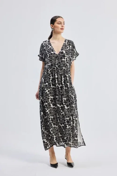 Reistor Deep V-neck Maxi Dress With Front Gathers In Midnight Bloom