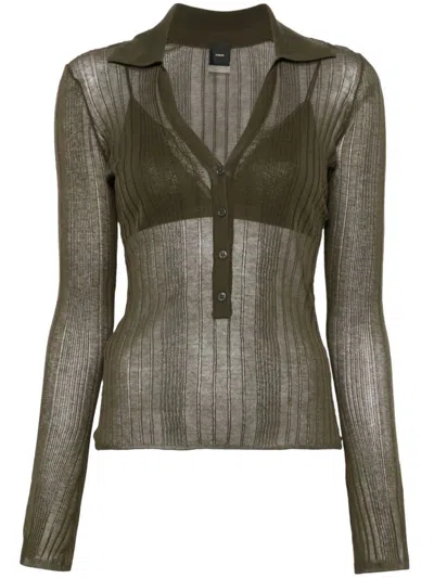 Pinko Ribbed Long-sleeved Top With Deep V-neckline In Green