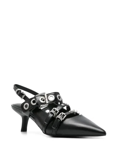Ash Pointed-toe Slingback Heels With Metallic Eyelets And Studs In Black