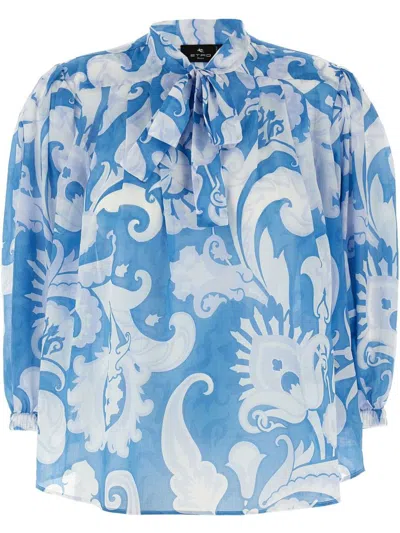 Etro Loose-fit Cotton Shirt With V-neck And Floral Pattern In Multicolor
